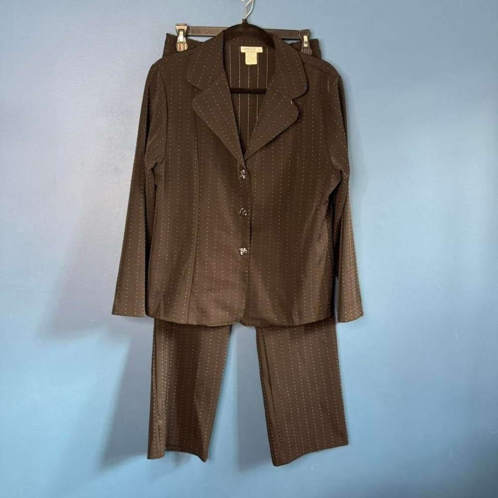 Vintage 90s Suit Women's Size Medium Black Striped Omega Collection Retro VTG